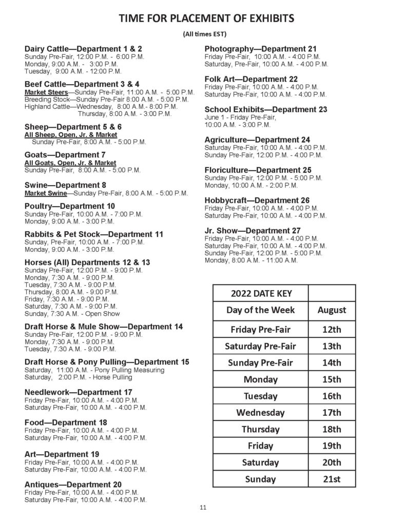 2019 Entry Placement Schedule UP State Fair